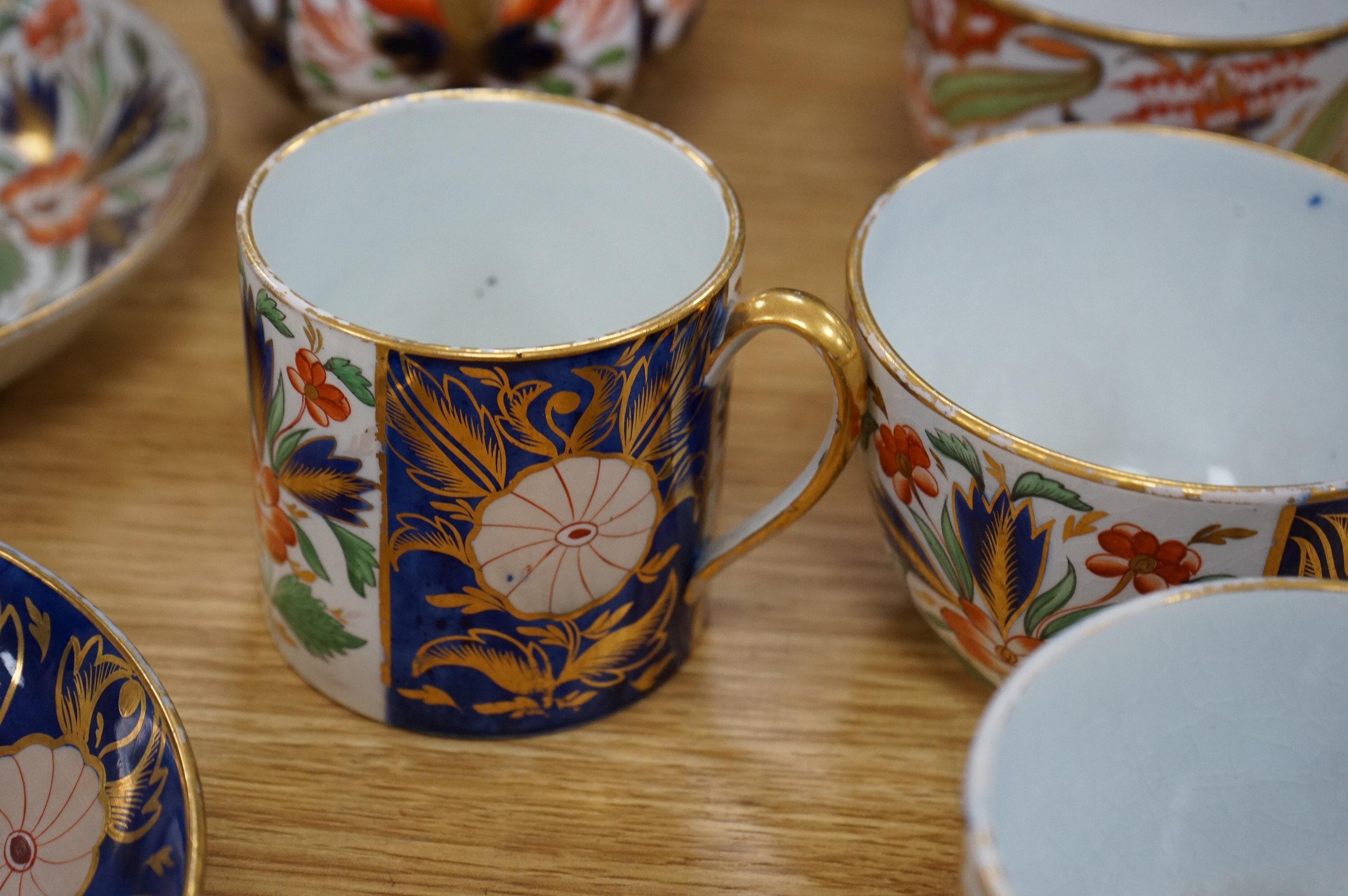 A Wedgwood Queensware Imari part tea set and a Masons Imari pattern bowl, bowl 25.5cm diameter. Condition - some wear to gilt decoration and crazing to interior of jug